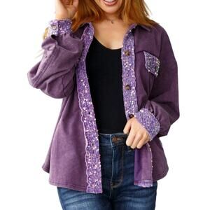 White Birch Purple Mineral Wash Velvet Trim Sequis Button Up Relaxed Shacket